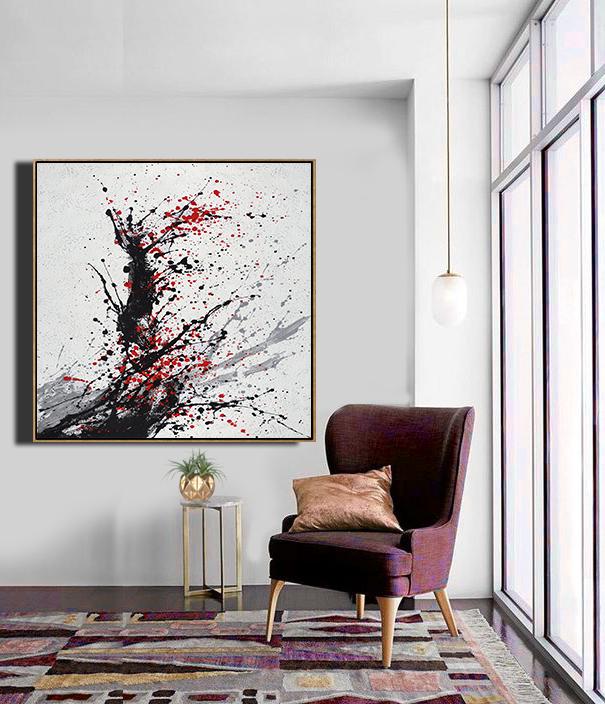 Original Abstract Painting Extra Large Canvas Art,Minimalist Drip Painting On Canvas, Black, White, Grey, Red - Modern Art Abstract Painting
